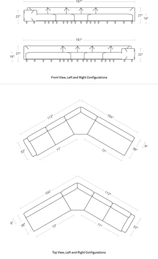 A dimensional drawing of the 9 Yard Outdoor Angled Sectional Sofa