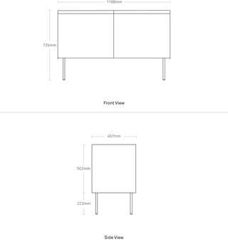 A dimensional drawing of the Clad 2 Door Credenza
