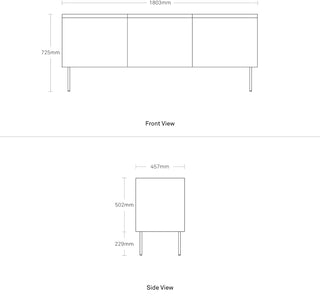 A dimensional drawing of the Clad 3 Door Credenza