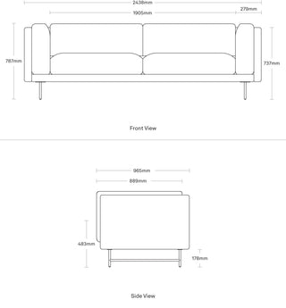 A dimensional drawing of the Coffer 96" Sofa