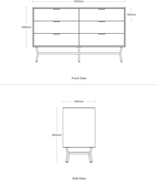 A dimensional drawing of the Dang 6 Drawer Dresser
