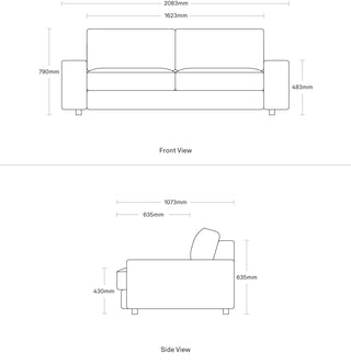 A dimensional drawing of the Esker Large Sofa