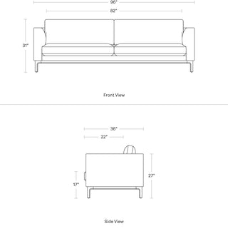 A dimensional drawing of the Guide 96" Sofa