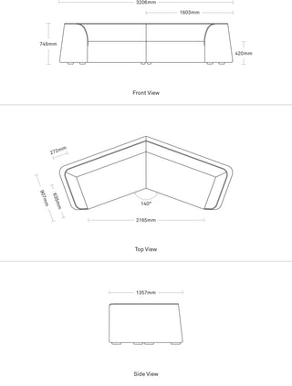 A dimensional drawing of the Thataway Small Angled Sectional Sofa