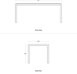 A dimensional drawing of the Skiff Rectangle Outdoor Table