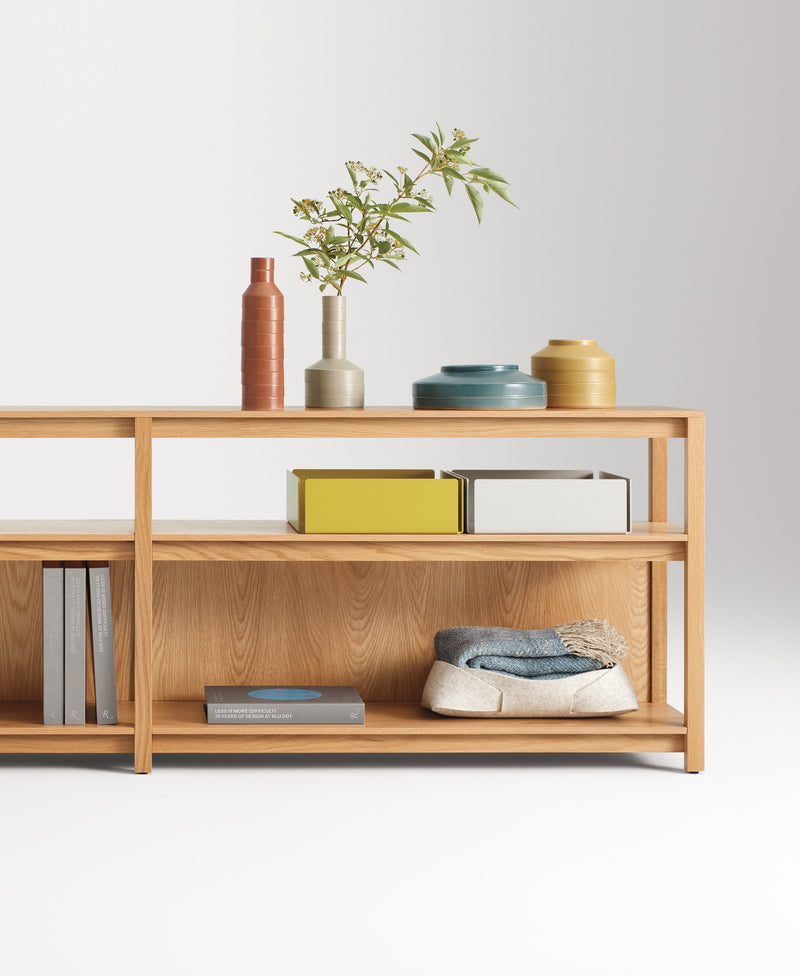 Open Plan Long and Low Bookcase in Black on Oak - Angle 2