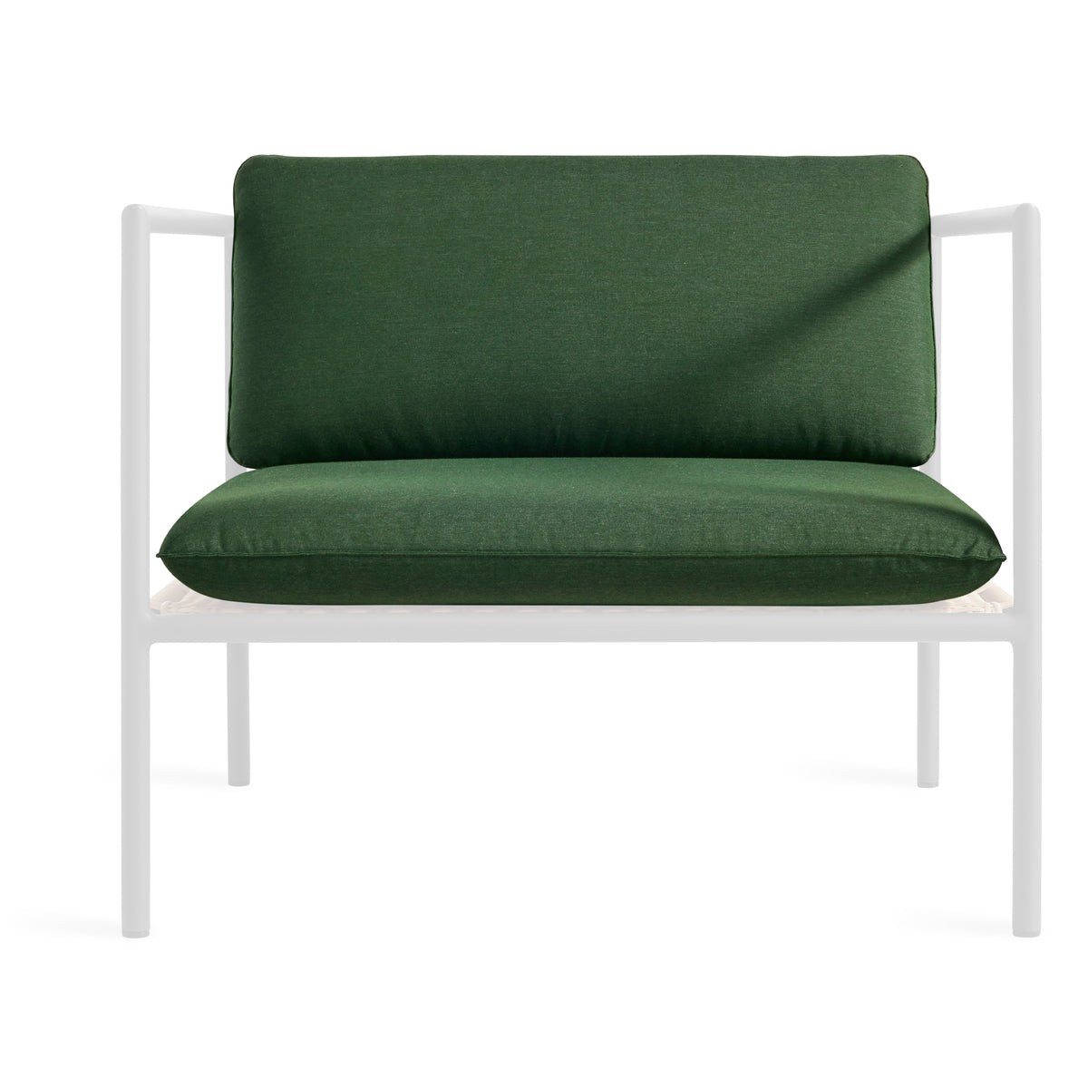 A modern outdoor lounge chair with a white metal frame and deep green cushions, shown against a plain white background.