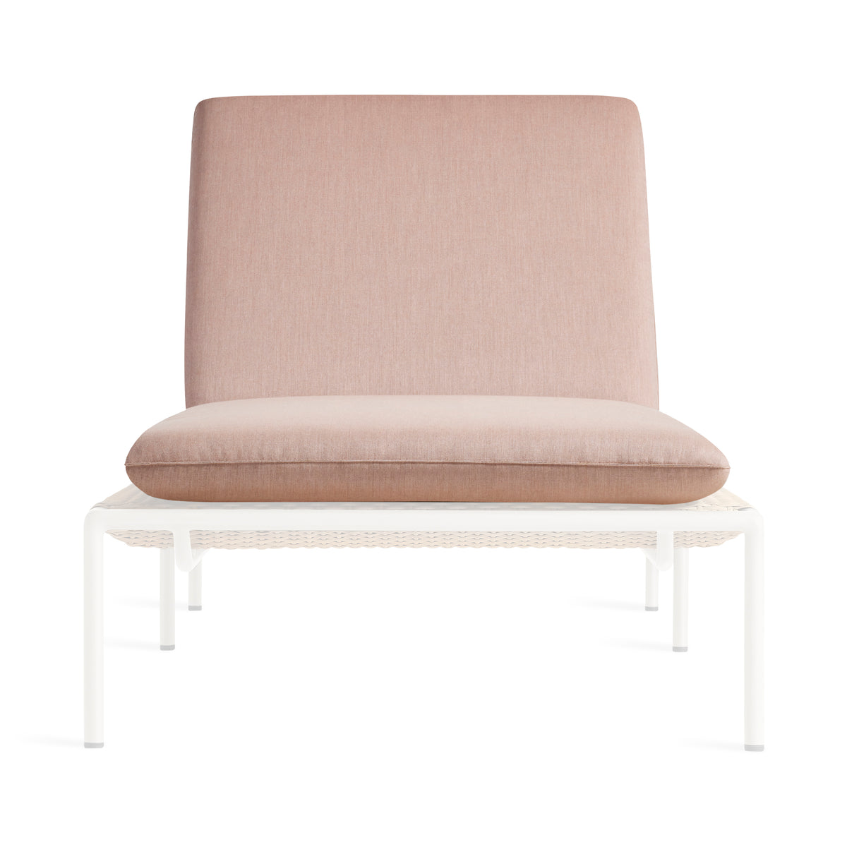 A modern outdoor lounge chair featuring a tall, high-back cushioned backrest and a thick seat cushion in a dusty blush pink fabric, supported by a white metal frame and woven white rope.