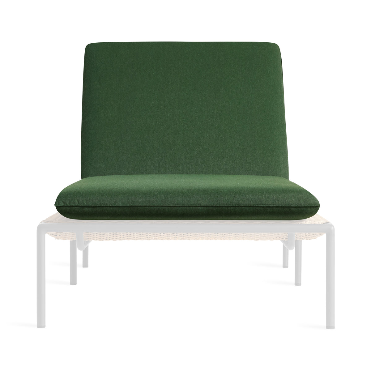 A modern outdoor lounge chair featuring a deep green textured fabric cushion on a white woven rope base with slim white metal legs, shown against a plain white background.