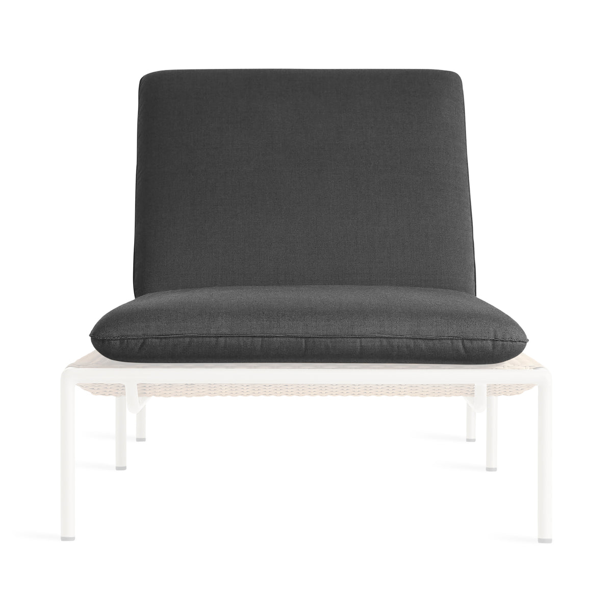 A modern outdoor lounge chair with a dark gray textured fabric cushion on a white woven seat and white metal frame, shown against a plain white background.