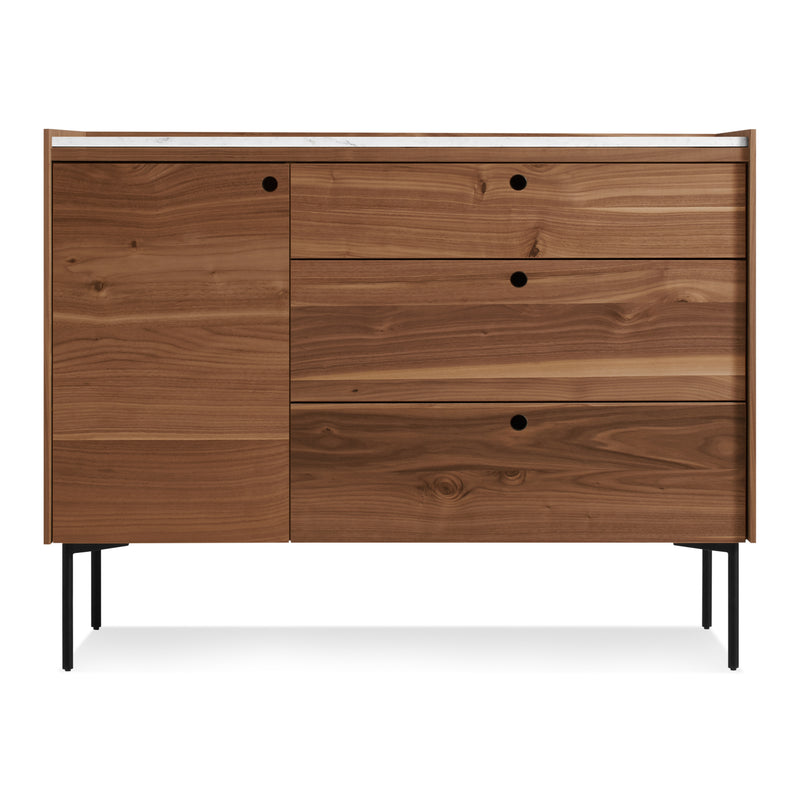 Peek 1 Door / 3 Drawer Credenza in Rustic Walnut / Carrara - Angle 1