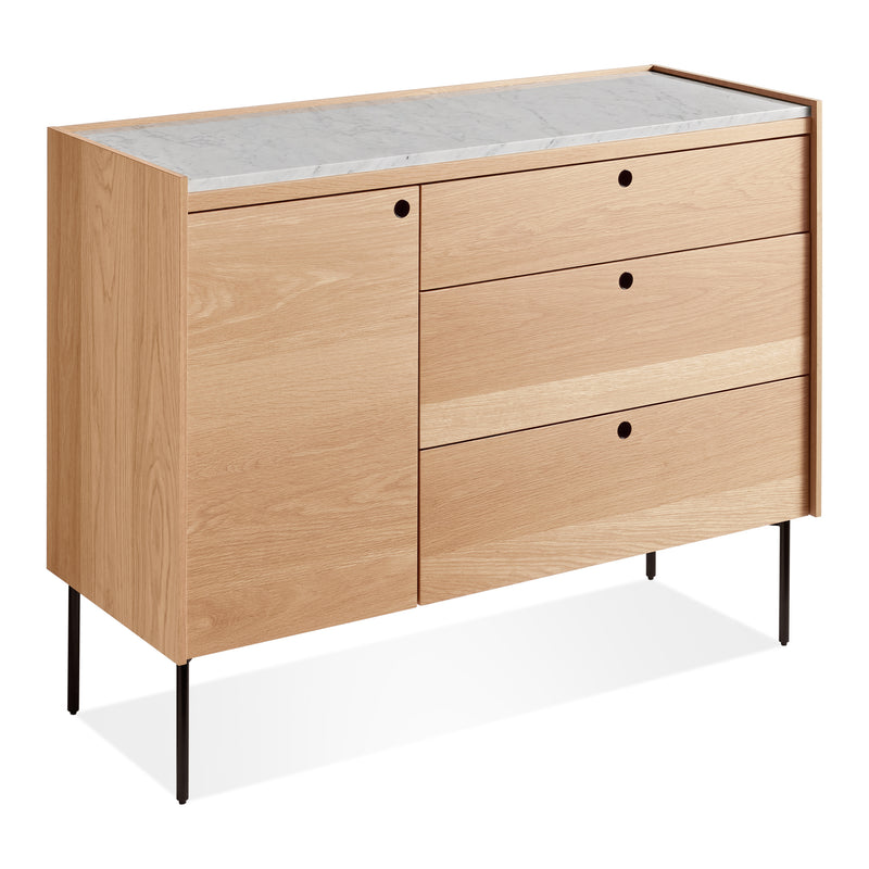 Peek 1 Door / 3 Drawer Credenza in White Oak / Cararra - Angle 1