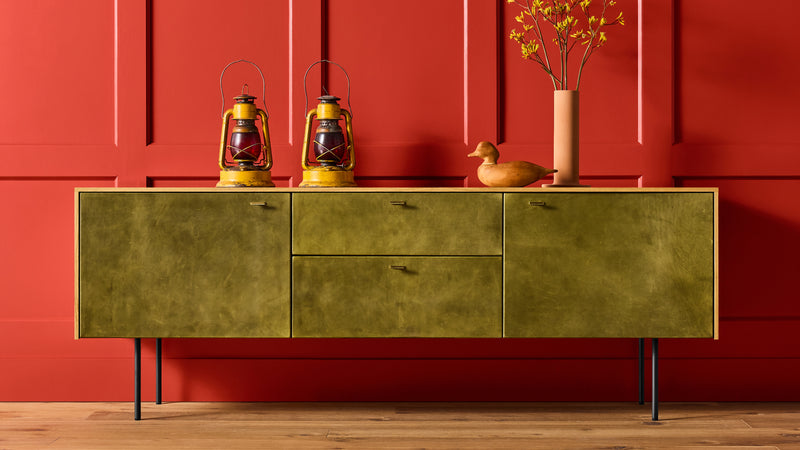 Fable 2 Door / 2 Drawer Console in White Oak / Olive Leather
