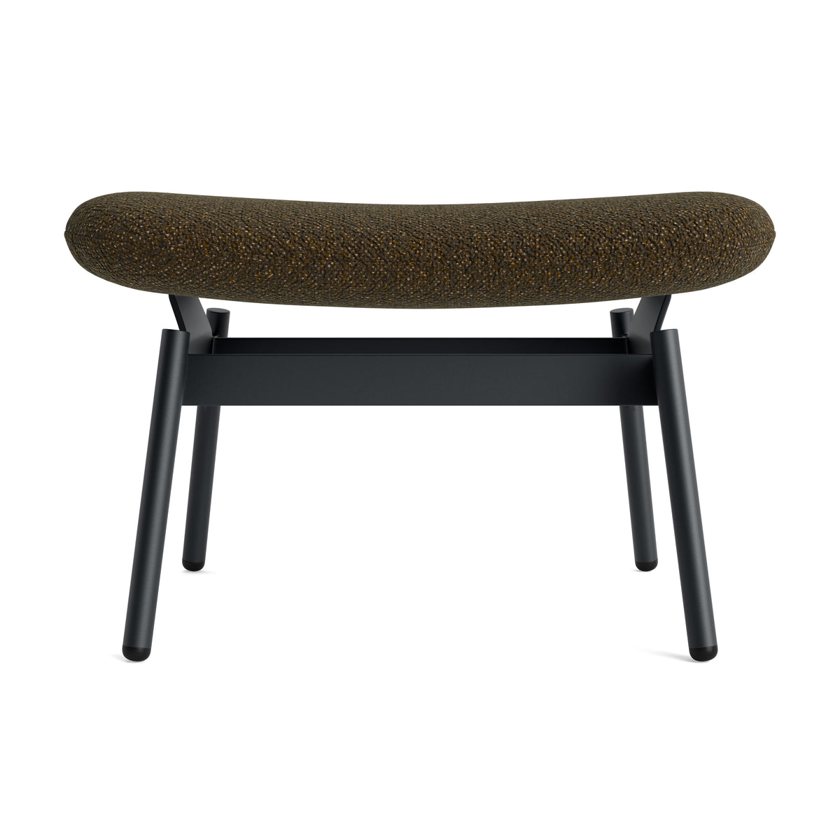 A modern low bench with a curved, low-profile seat upholstered in a dark brown and black textured fabric, supported by a matte black metal frame with four legs and a central horizontal bar.
