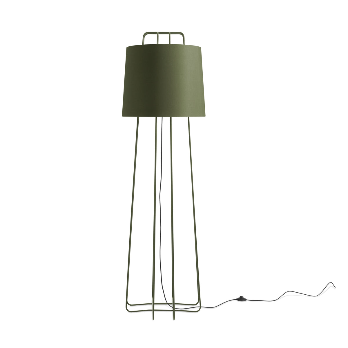 Floor lamp with a green shade and black metal base on a white background