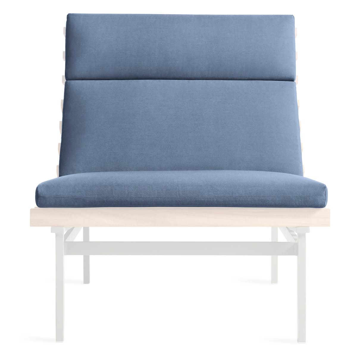A modern outdoor lounge chair with a light blue textured fabric cushion on a white frame, shown against a solid white background.
