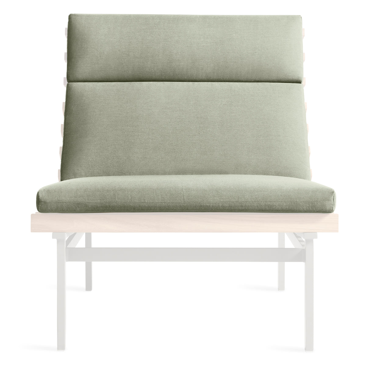 A modern outdoor lounge chair with a tall, high-back cushioned seat in a light sage green fabric, supported by a light wood frame and white metal legs, shown against a solid white background.