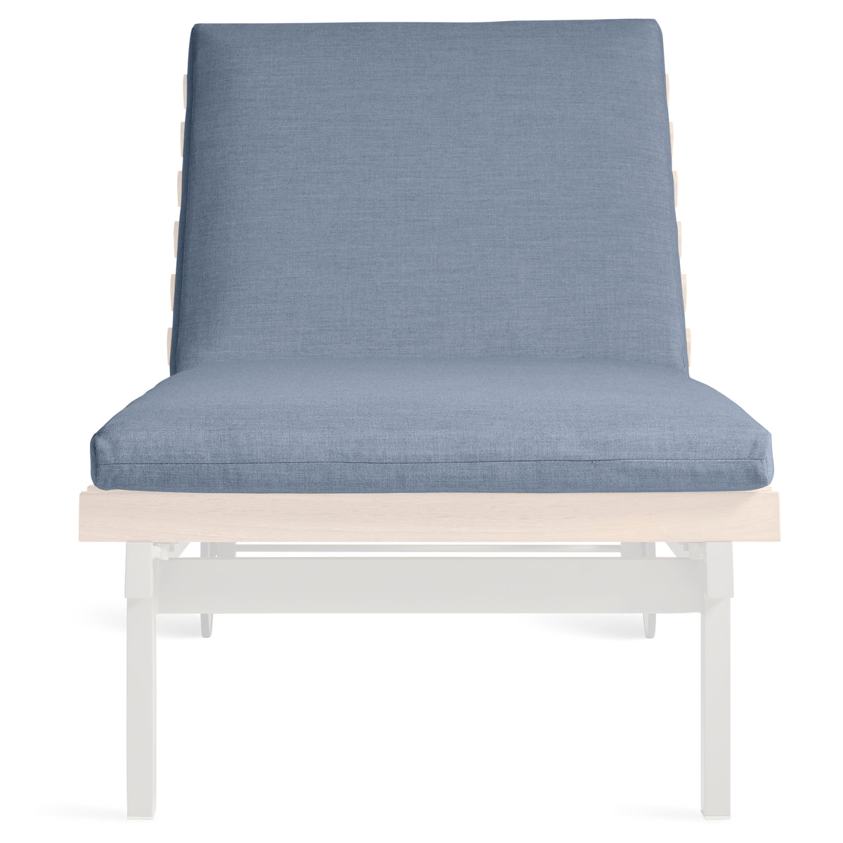 A modern outdoor lounge chair with a high back, featuring a textured slate blue fabric cushion on a light beige frame with white legs, shown against a solid white background.