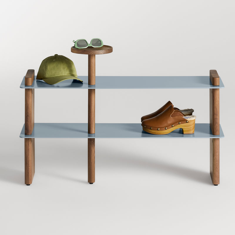 Shoegaze Shoe Rack in Walnut / Grey Blue - Angle 2
