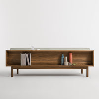Souvenir Sofa in Irving Grey Blue Stripe / Walnut - Angle 8