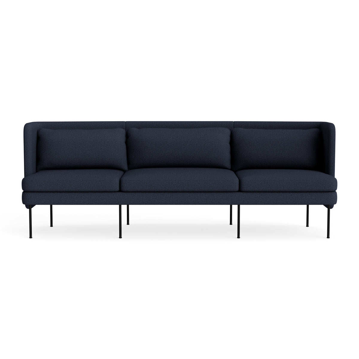 A modern three-seat sofa upholstered in dark navy blue fabric, supported by slim black metal legs, shown against a plain white background.