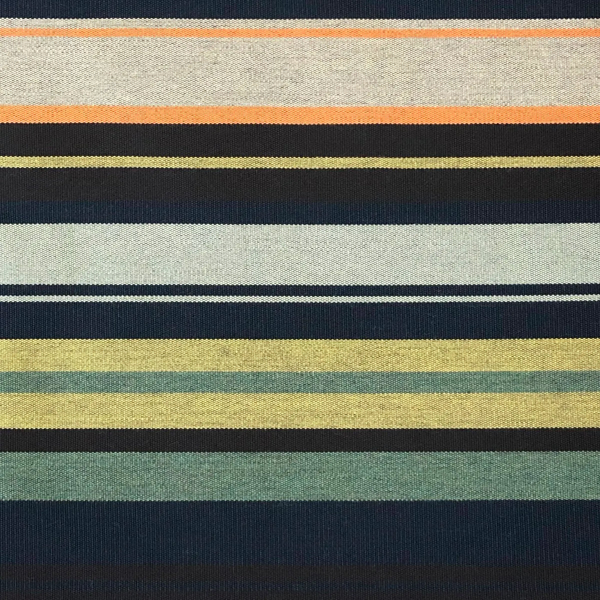 A close-up view of a striped pattern fabric with multiple colors including black, gray, blue, green, orange, and yellow.