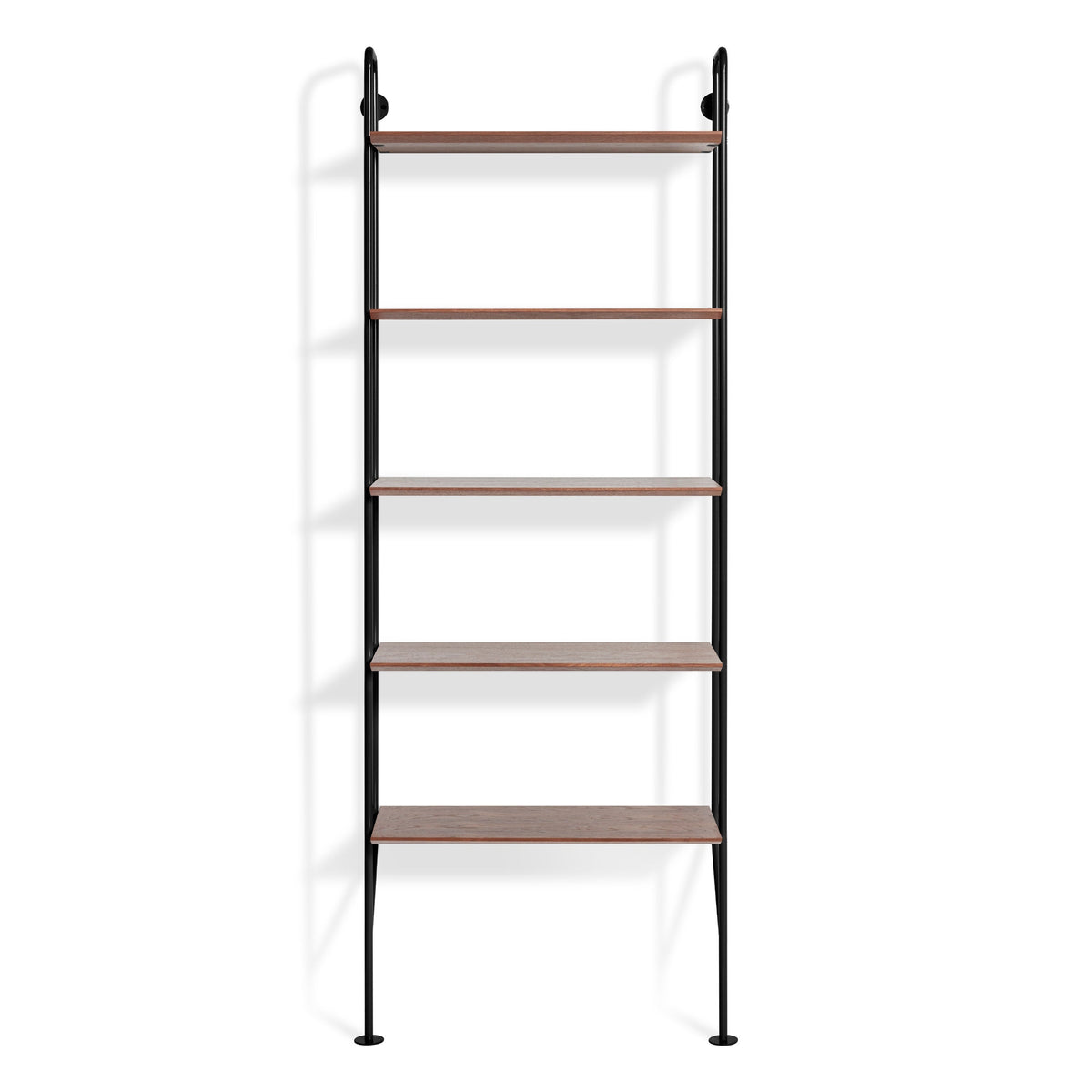 Ladder shelf with wooden rungs and black metal frame on a white background