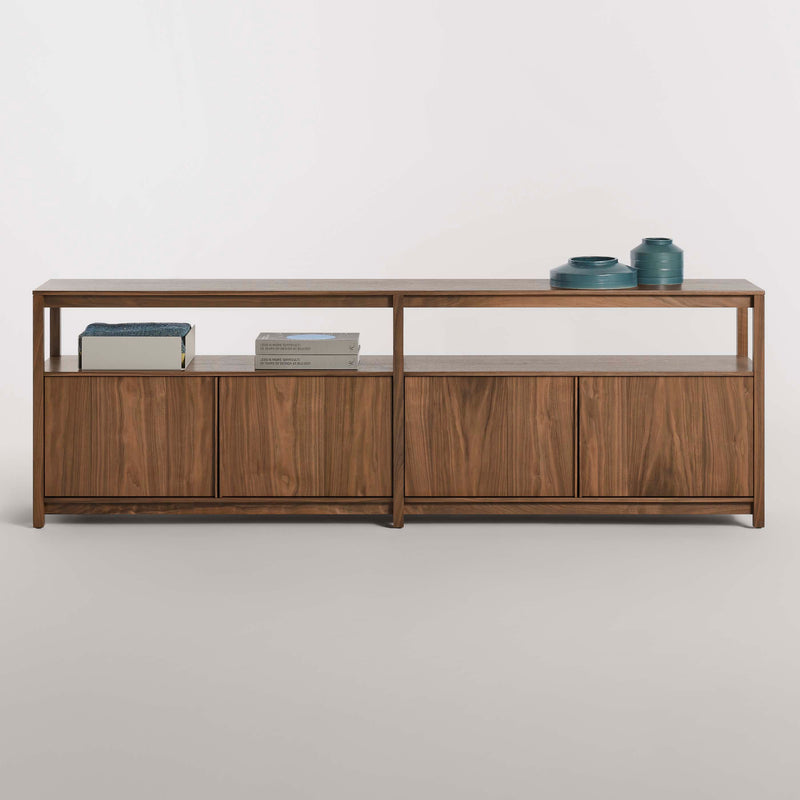 Open Plan Long and Low Bookcase with Storage in Walnut - Angle 2