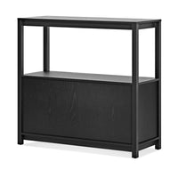 Open Plan Small Low Bookcase with Storage in Black on Oak - Angle 7