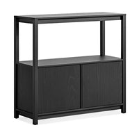 Open Plan Small Low Bookcase with Storage in Black on Oak - Angle 3