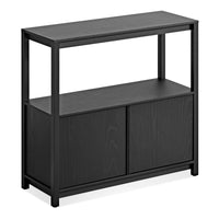 Open Plan Small Low Bookcase with Storage in Black on Oak - Angle 4