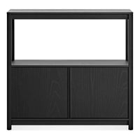 Open Plan Small Low Bookcase with Storage in Black on Oak - Angle 1