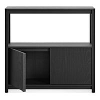 Open Plan Small Low Bookcase with Storage in Black on Oak - Angle 2