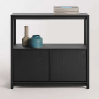 Open Plan Small Low Bookcase with Storage in Black on Oak - Angle 9