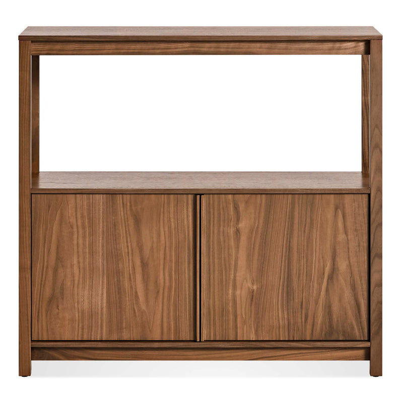 Open Plan Small Low Bookcase with Storage in Walnut - Angle 1