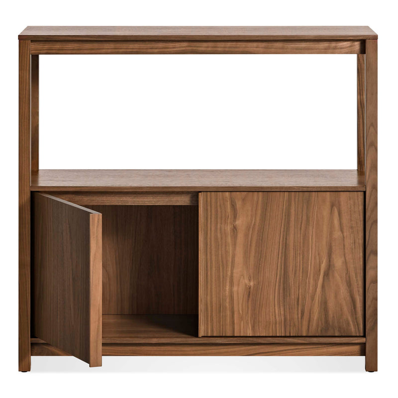 Open Plan Small Low Bookcase with Storage in Walnut - Angle 2