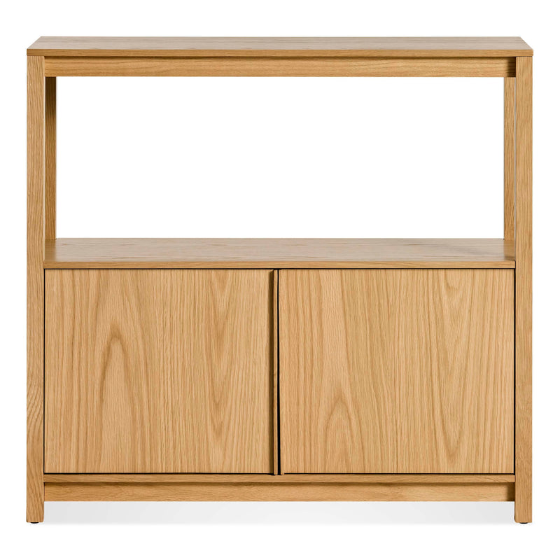 Open Plan Small Low Bookcase with Storage in White Oak - Angle 1