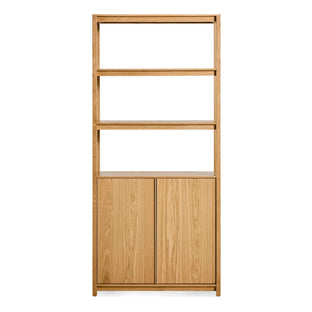 Open Plan Tall Bookcase with Storage in White Oak - Angle 1