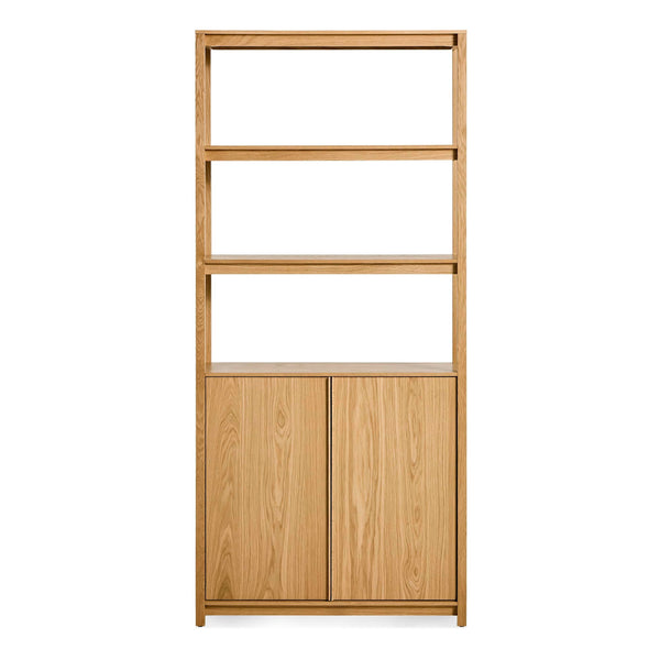 Open Plan Tall Bookcase with Storage in White Oak - Angle 1