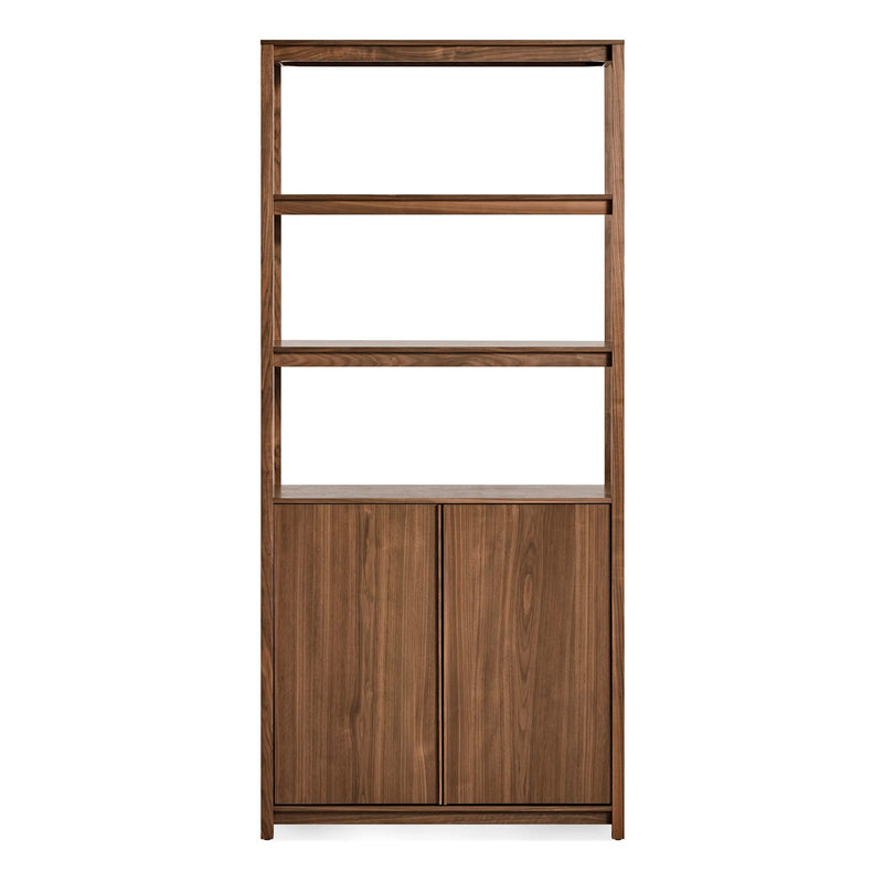 Open Plan Tall Bookcase with Storage in Walnut - Angle 1