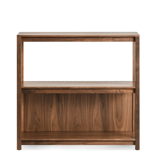 Open Plan Small Low Bookcase in Walnut - Angle 1