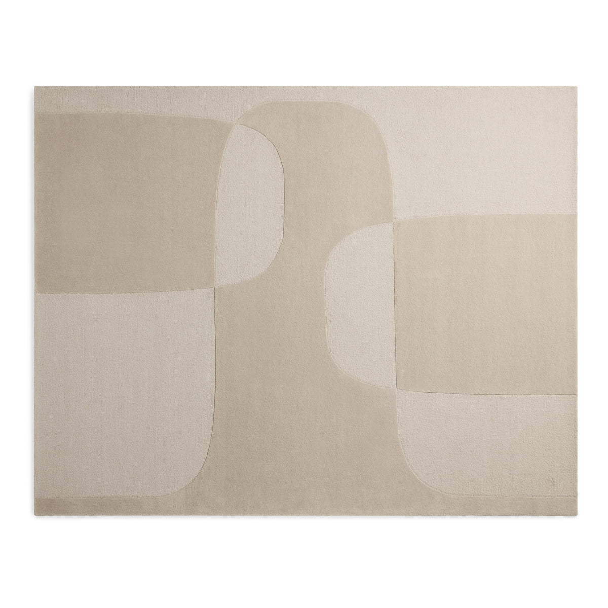 Beige and white abstract patterned rug on a plain background