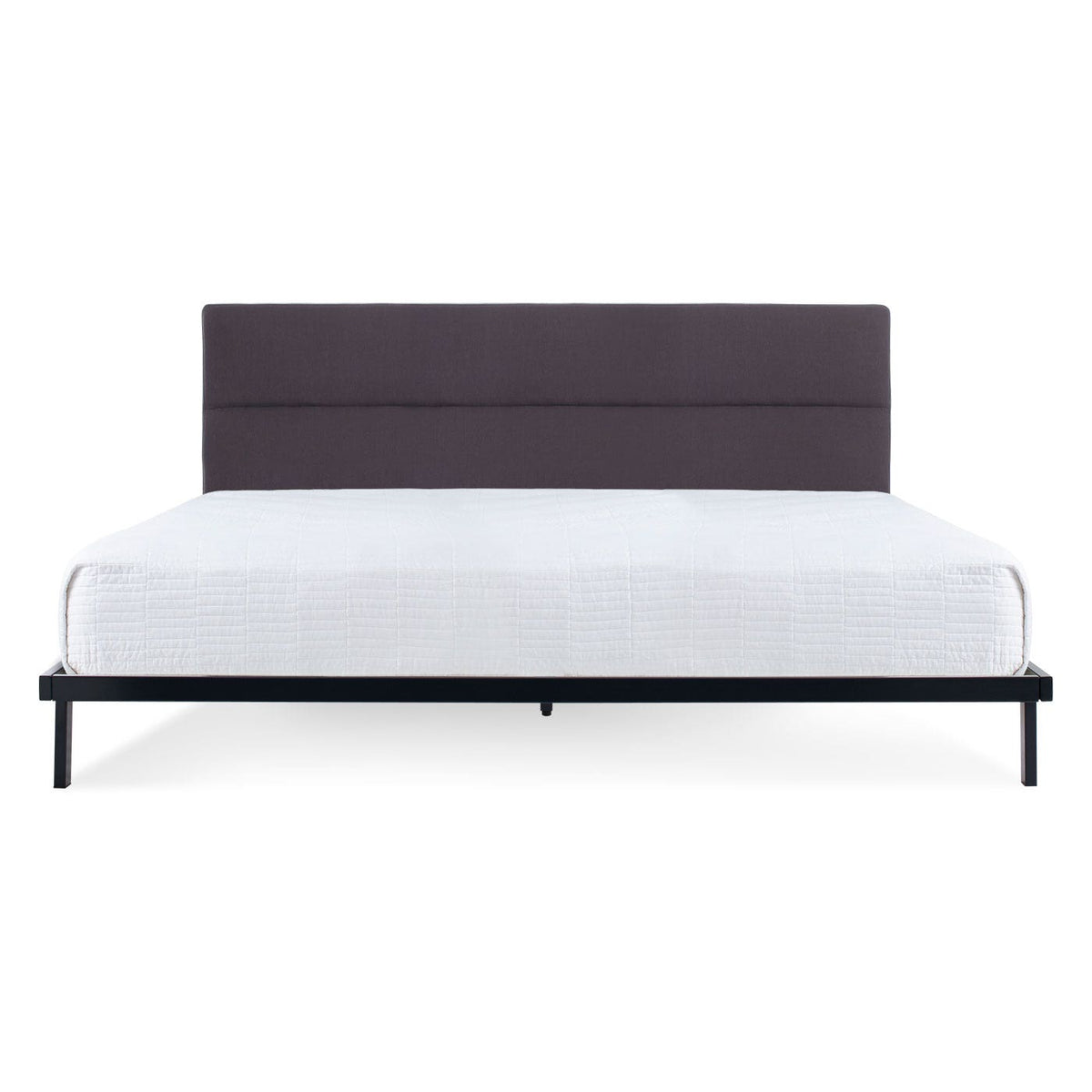 Bed with black frame and purple headboard on a white background