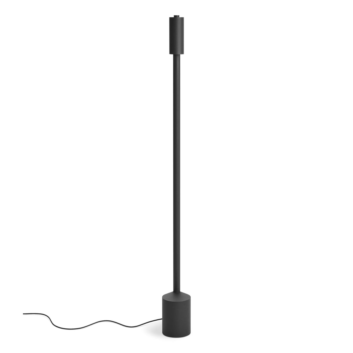 Black floor lamp with cylindrical base and tall cylindrical shade on a white background